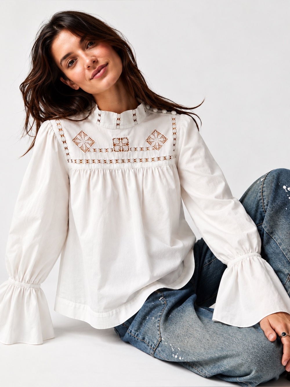 Free People Vintage Inspired White Eyelet Lace Victorian Boho Prairie Blouse L